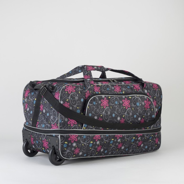 Сумка дорожная на колёсах, с расширением, 1 отдел, наружный карман, цветы на чёрном