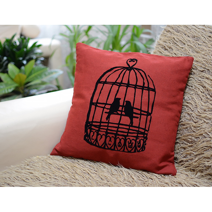 Подушка декоративная 02-574 Птица в клетке 40х40х15 см, флок, хл, ПЭ 100%, чехол съемный