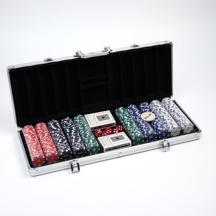 Покер в металлическом кейсе (карты 2 колоды, фишки 500 шт с/номиналом, 5 кубиков), 20.5 х 56 см 4526