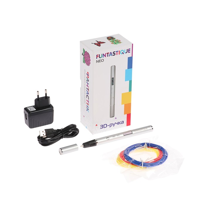 3D-ручка Funtastique NEO, ABS, PLA и SBS, с дисплеем, серебристый (+ пластик, 3 цвета)