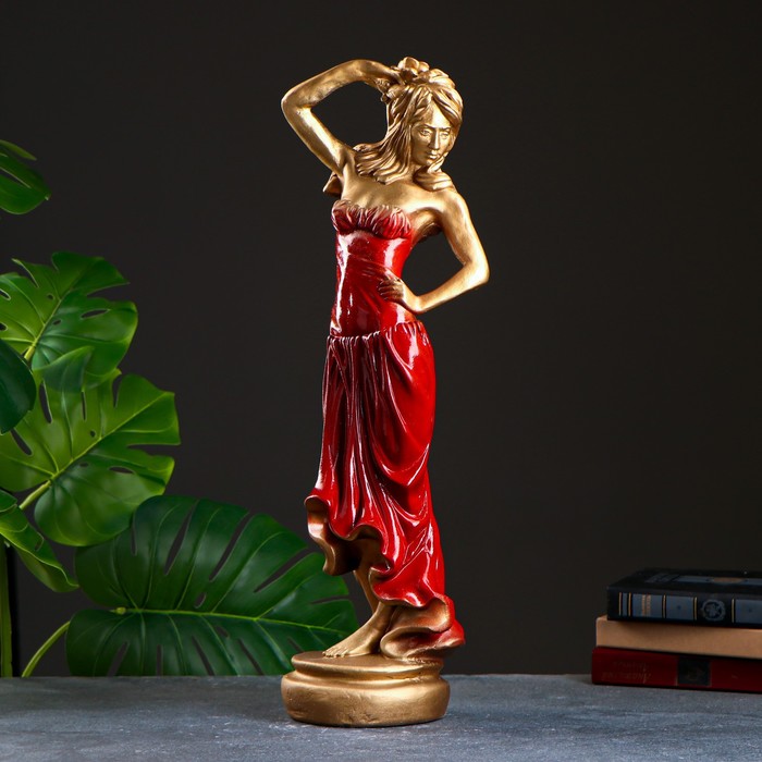 фото Фигура "девушка с розой" бронза красное платье 15×19×55см хорошие сувениры