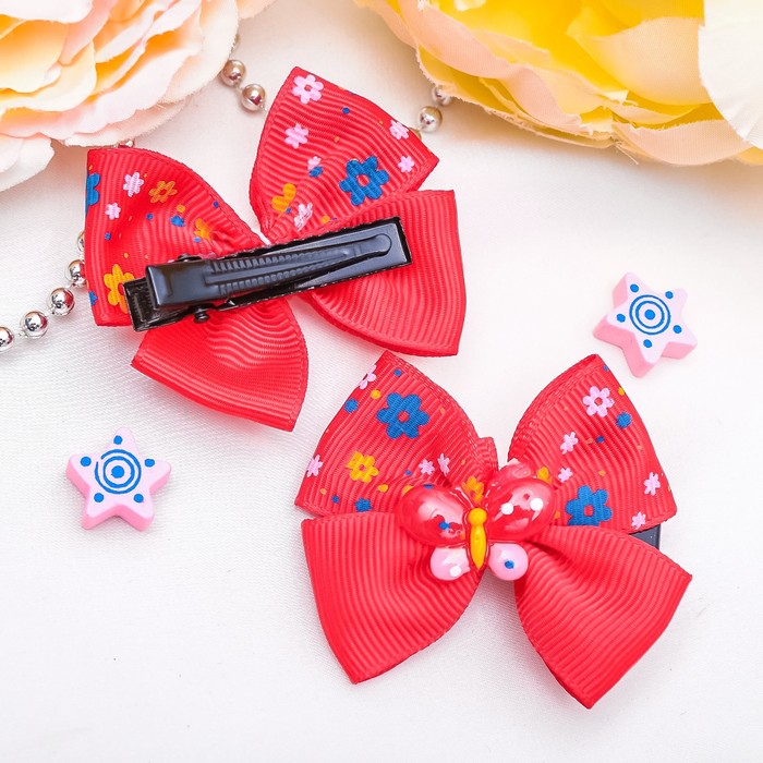 Зажим для волос "Бантик декор" 5 см бабочка цветы микс