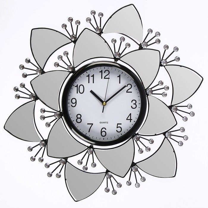 Часы настенные, серия Ажур «Объёмный цветок со стразами», зеркальные лепестки, d=60 см