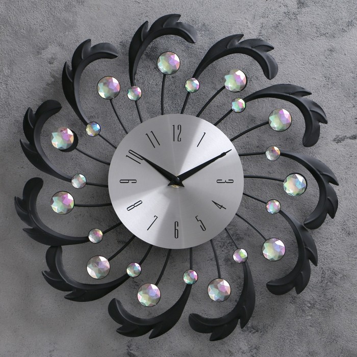 Часы настенные, серия Ажур, перья длинные чёрные с большими стразами по спирали, d=40 см