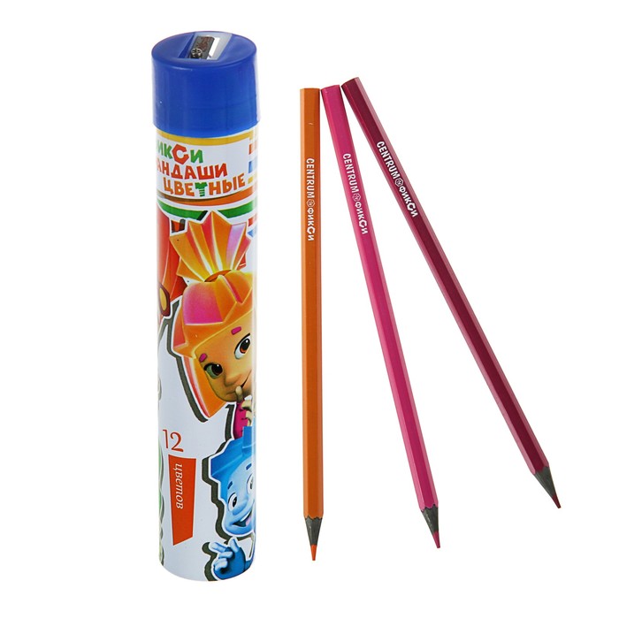 Карандаши 12 цветов "Фиксики", пластиковые, в металлическом тубусе с точилкой