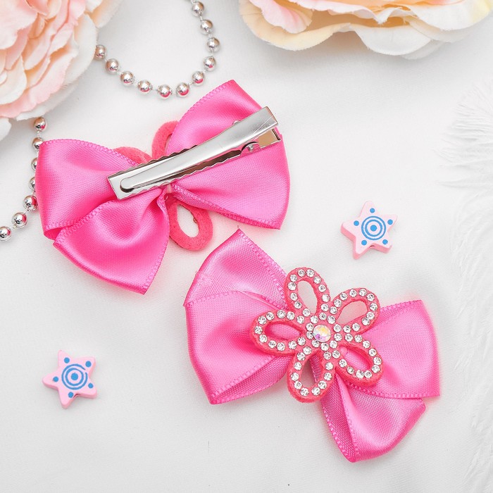 Зажим для волос "Бантик" розовый, цветок декор атлас (цена за пару)