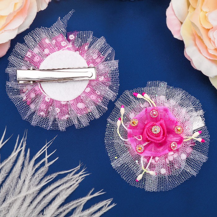 Зажим для волос "Очаровашка" розовый, роза декор (цена за пару)