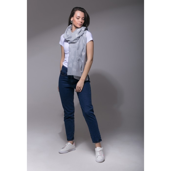 Палантин Этель "Сердечки", размер 70 х 180 см, вид 1, цвет серый/белый