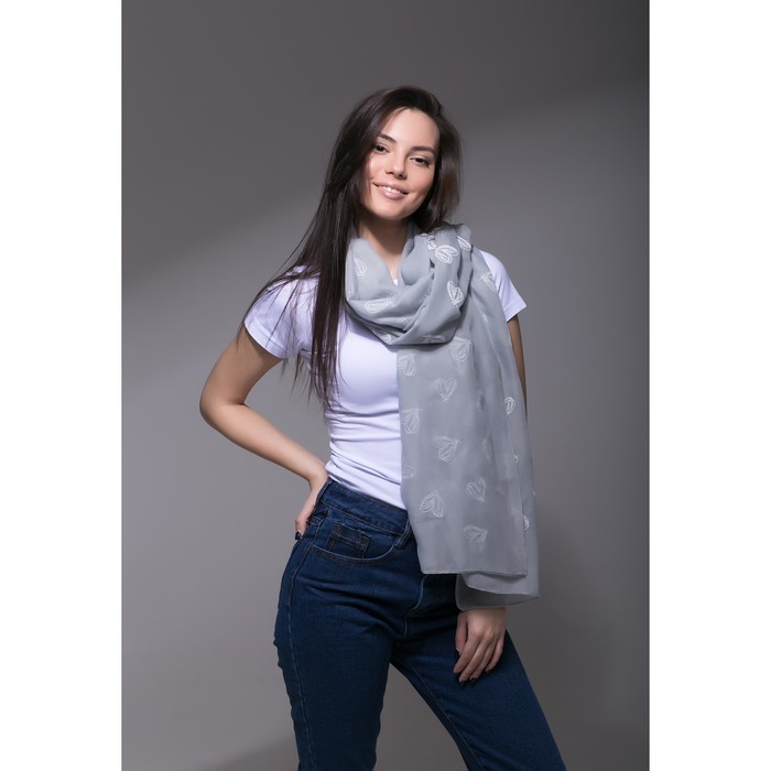 Палантин Этель "Сердечки", размер 70 х 180 см, вид 1, цвет серый/белый