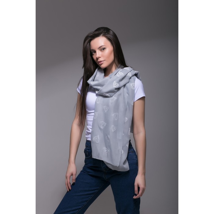 Палантин Этель "Сердечки", размер 70 х 180 см, вид 1, цвет серый/белый