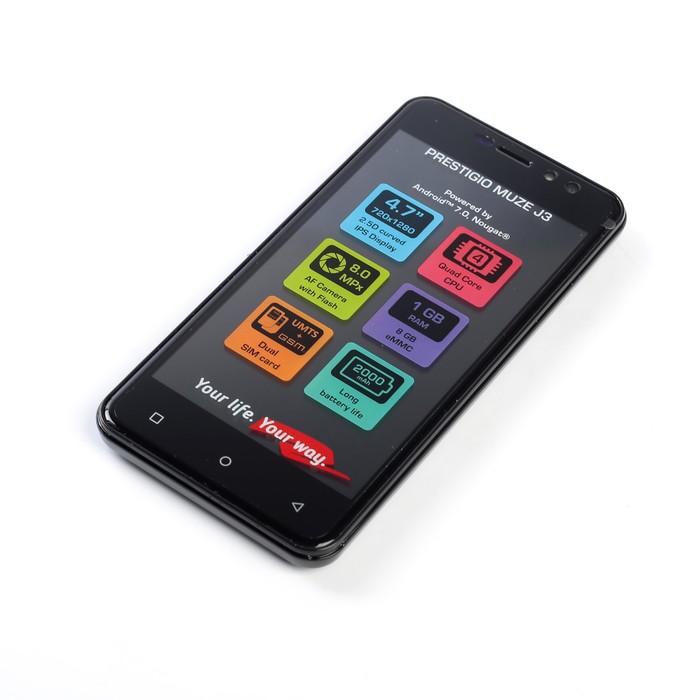 Смартфон Prestigio Muze J3, 4.7", 1.3ГГц, 1ГБ ОЗУ, 8ГБ, камера 8.0/2.0МР, 2000 мАч, черный