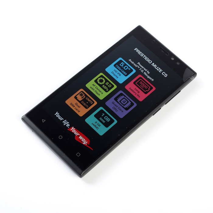 Смартфон Prestigio Muze C5, 5.0", 1.3ГГц, 1ГБ ОЗУ, 8ГБ, камера 8.0/2.0МР, 5000 мАч, черный