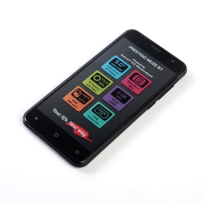 Смартфон Prestigio Muze B7, 5.0", 1.3ГГц, 2ГБ ОЗУ, 16ГБ, камера 13.0/2.0МР, 2300 мАч, черный