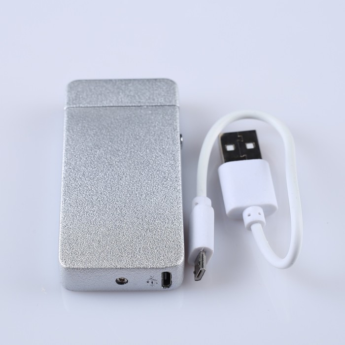 Зажигалка в подарочной коробке, USB, серебристый шершавый металлик, 3,5*7 см