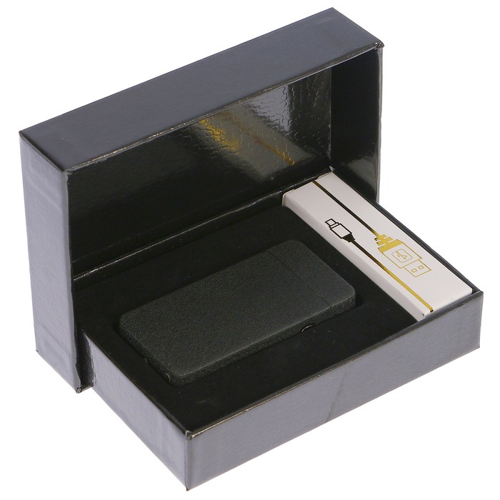Зажигалка в подарочной коробке, USB, черный шершавый металлик, 3,5*7 см