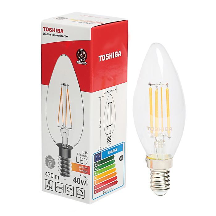 Лампа светодиодная филаментная TOSHIBA, C35, 5 Вт, E14, 470 Лм, 2700 K, диммируемая
