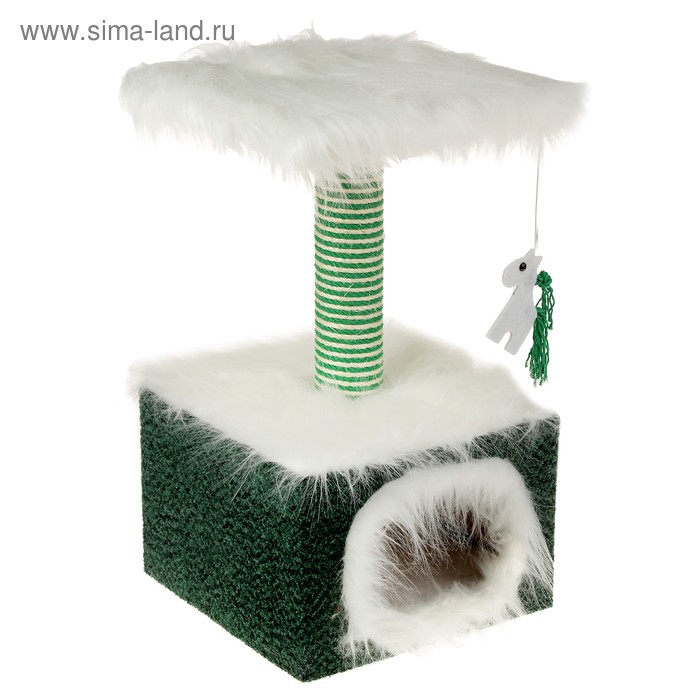 Домик маленький для кошек, мех/велюр, 34 х 34 х 60 см, зеленый