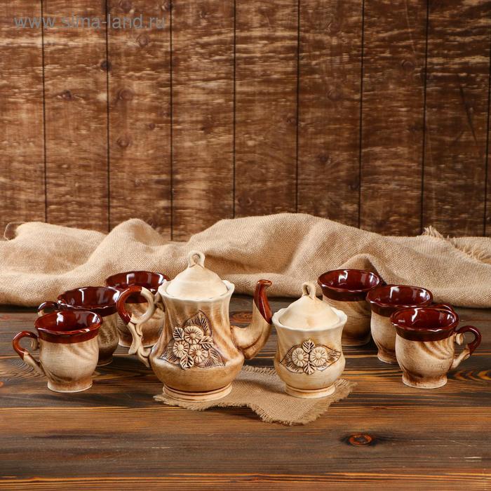 фото Чайный набор "бриз", 8 предметов в наборе, чайник 0.65 л, сахарница 0.35 л, кружки 0.2 л, микс керамика ручной работы