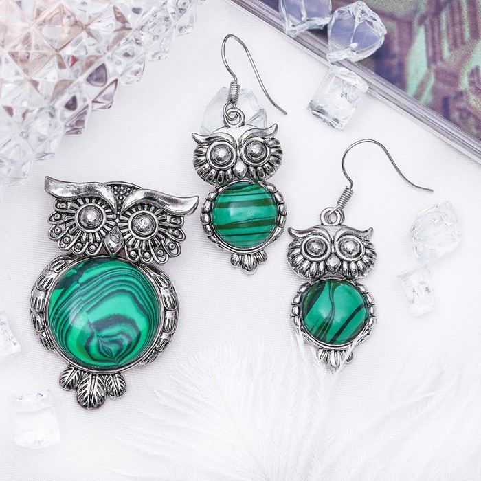 Гарнитур 2 предмета: серьги, подвеска сова "Малахит"