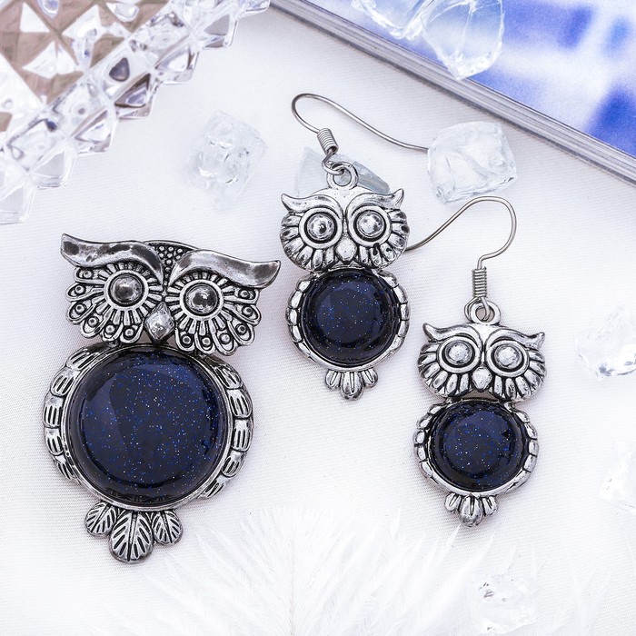 Гарнитур 2 предмета: серьги, подвеска сова "Авантюрин синий"