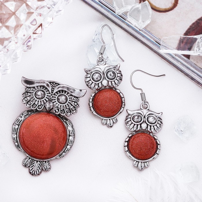 Гарнитур 2 предмета: серьги, подвеска сова "Авантюрин коричневый"
