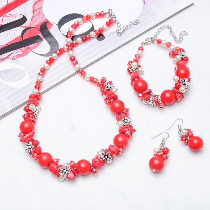 Набор 3 предмета: серьги, бусы, браслет, каменная долина "Коралл "