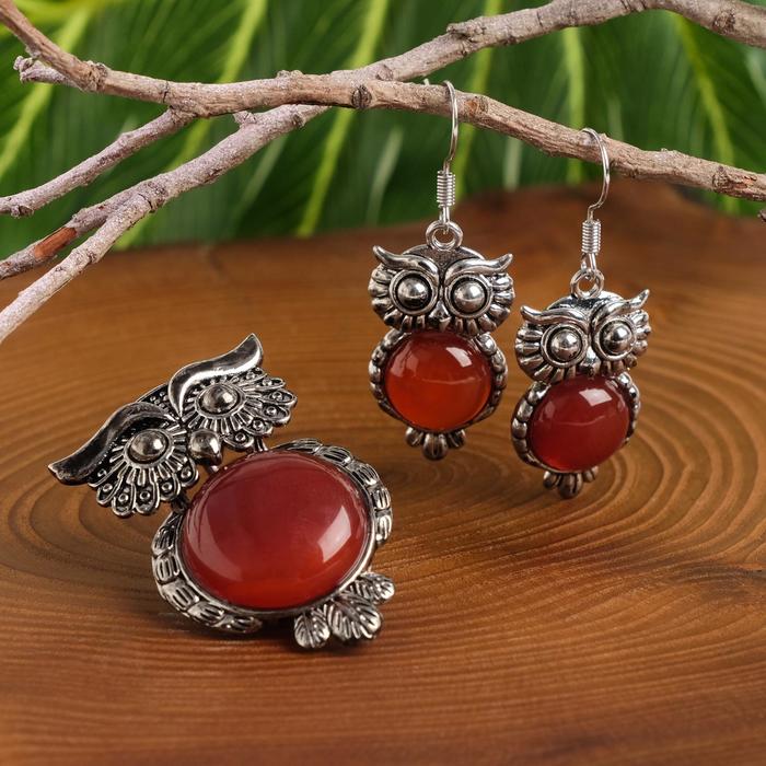 Гарнитур 2 предмета: серьги, подвеска сова "Сердолик"