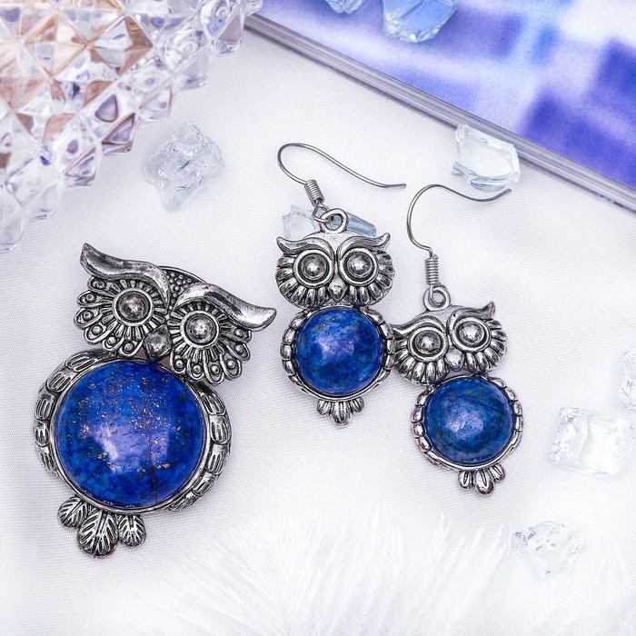 Гарнитур 2 предмета: серьги, подвеска сова "Лазурит"