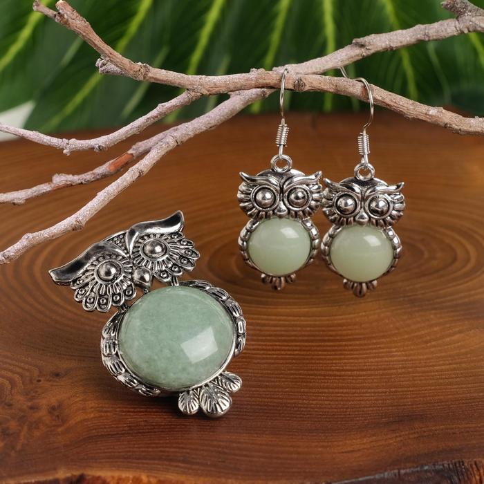 Гарнитур 2 предмета: серьги, подвеска сова "Нефрит"