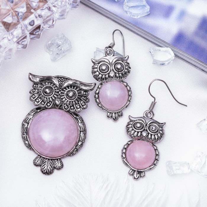 Гарнитур 2 предмета: серьги, подвеска сова "Кварц розовый"