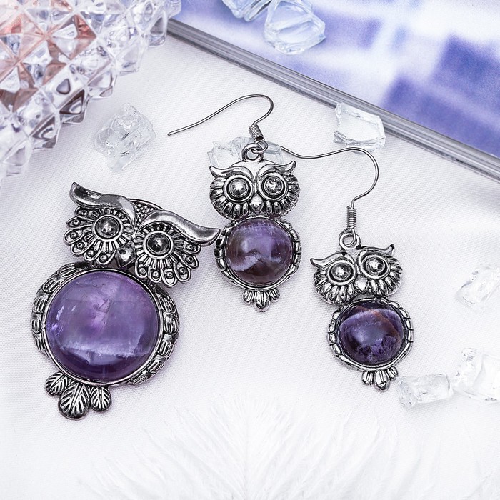 Гарнитур 2 предмета: серьги, подвеска сова "Аметист"