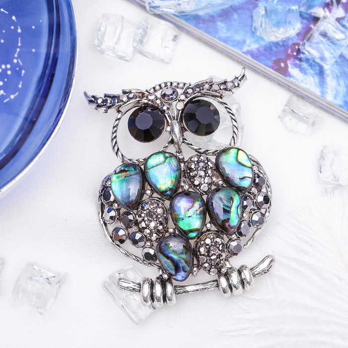 Брошь "Галиотис" филин на веточке, в чернёном серебре