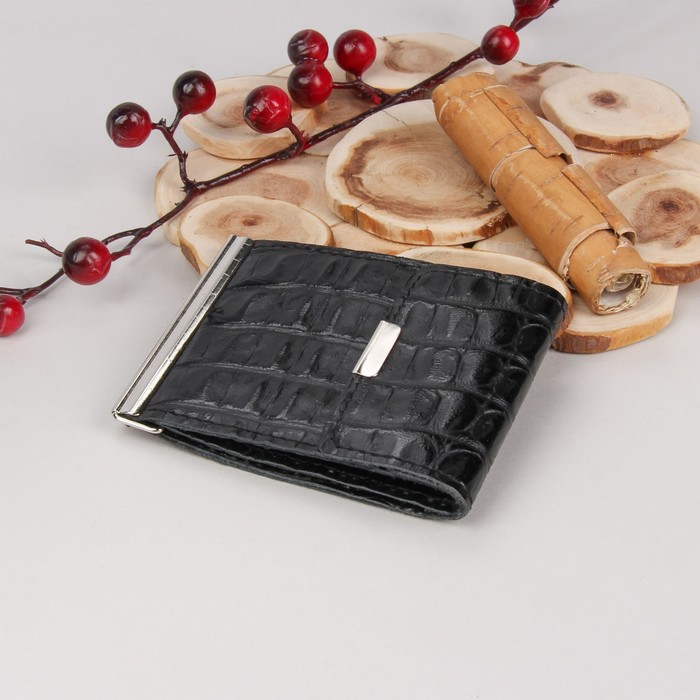 Зажим для денег, с металлическим держателем, карман для монет и карт, кайман/скат, цвет чёрный