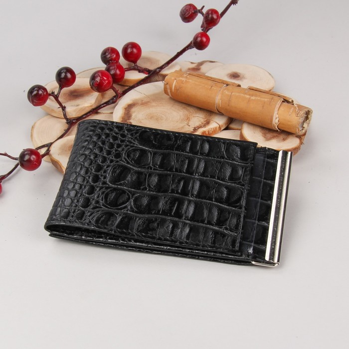 Зажим для денег + удостоверение, с металлическим держателем, карманы для карт, кайман, цвет чёрный