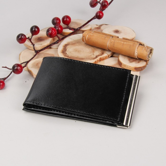 Зажим для денег + удостоверение, с металлическим держателем, карманы для карт, шик, цвет чёрный