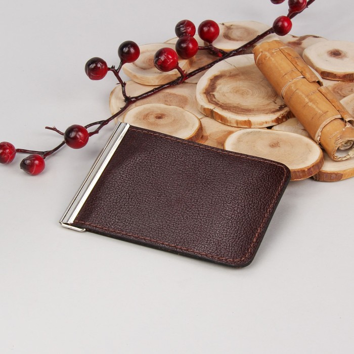 Зажим для денег, с металлическим держателем, отдел для монет, мадрид, цвет тёмно-коричневый