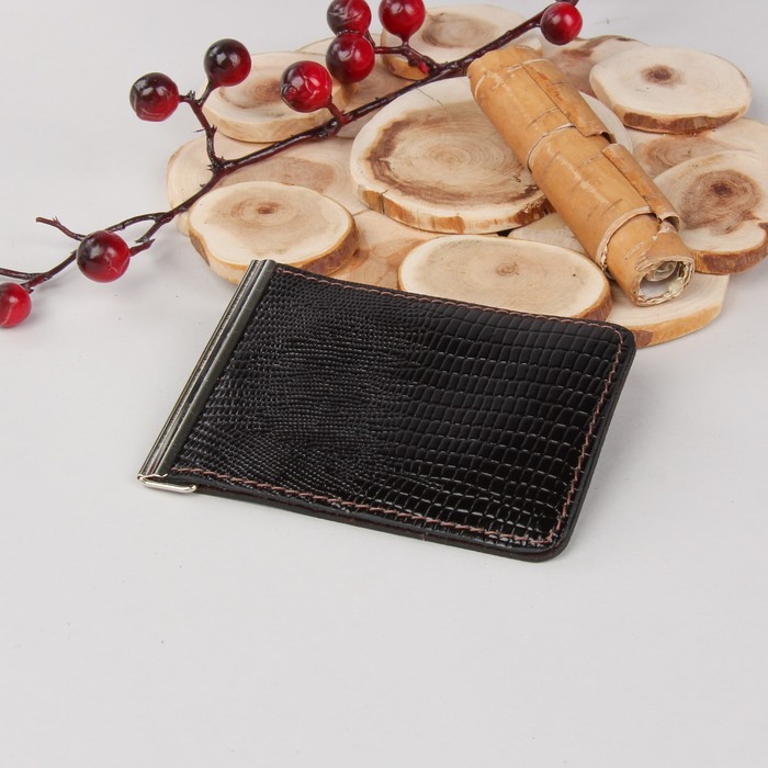 Зажим для денег, с металлическим держателем, отдел для монет, наплак/ящерица, цвет коричневый