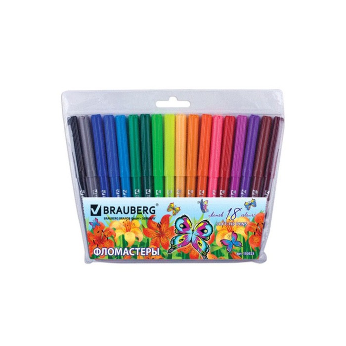 Фломастеры 18 цв BRAUBERG "Wonderful butterfly", вент.колп, пластик. упак 150523