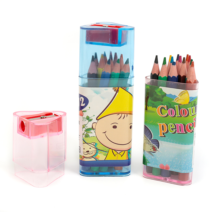 Карандаши 12цв МИНИ в треугольном пластиковом тубусе с точилкой МИКС