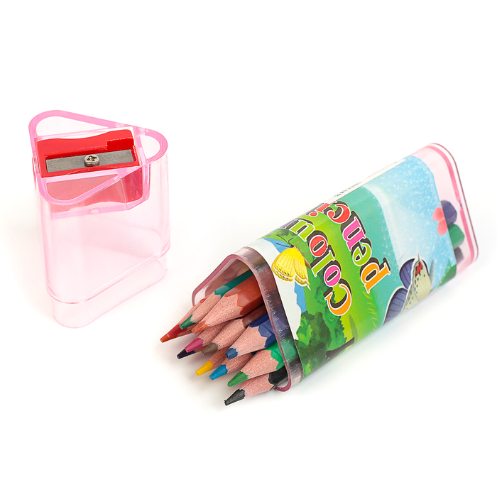 Карандаши 12цв МИНИ в треугольном пластиковом тубусе с точилкой МИКС