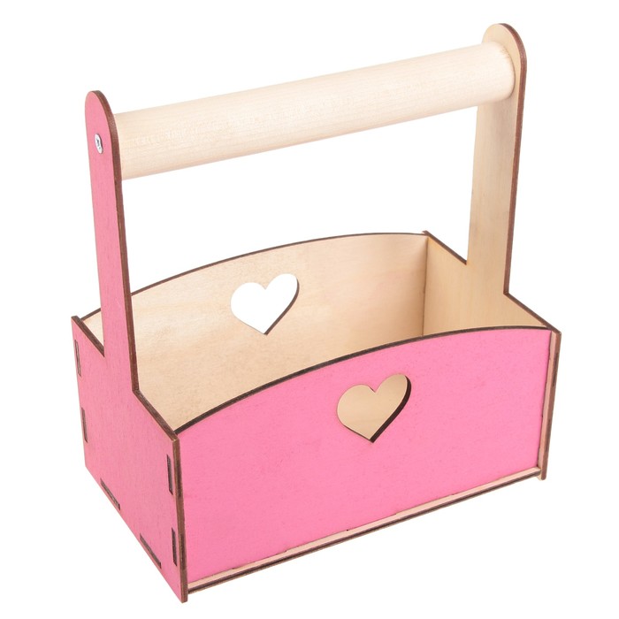 Ящик для цветов "Сердце" с деревянной ручкой, розовый, 16х18х10см