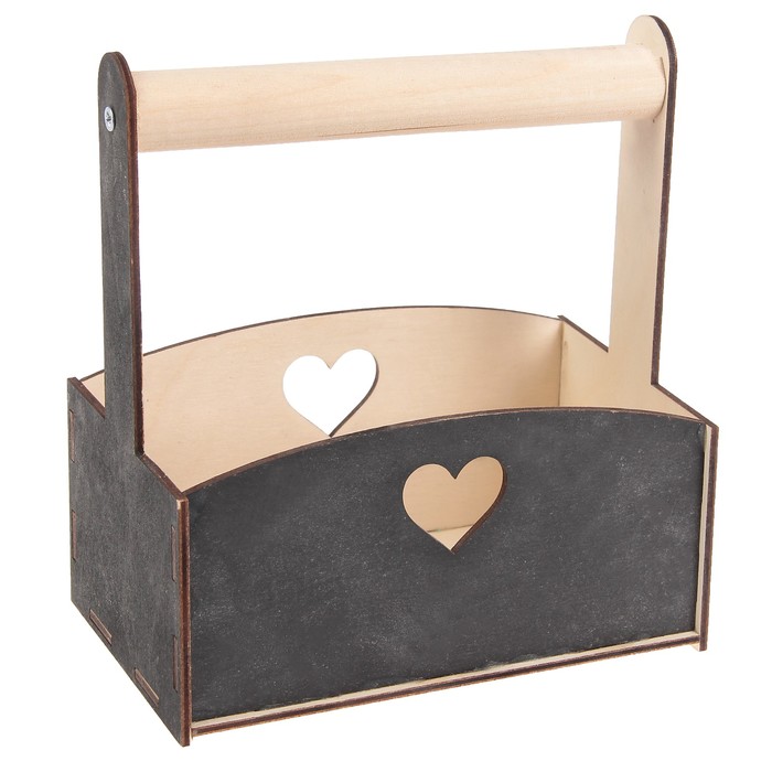 Ящик для цветов "Сердце" с деревянной ручкой, чёрный, 16х18х10см