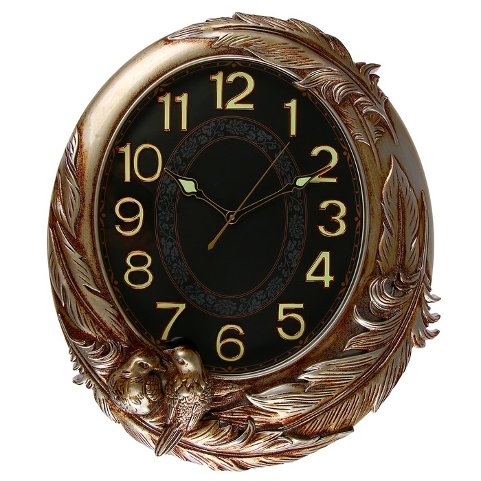 Часы настенные «Птицы на ветке», овальные, флуоресцентные, циф-т чёрный, бронзовые, 44х62 см