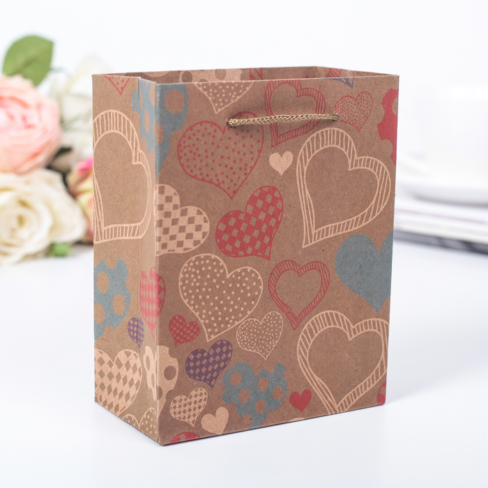 Пакет крафт "Сердечки", 11,5 х 6 х 14,5 см