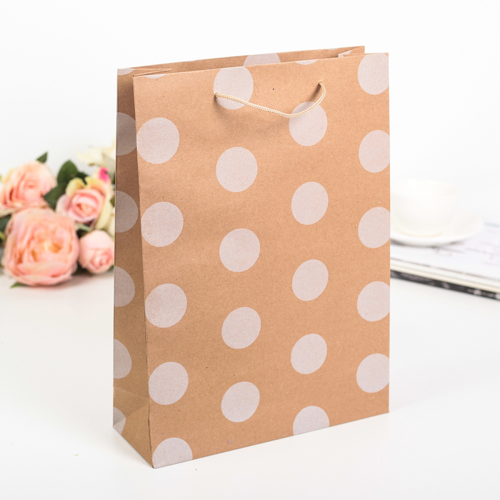 Пакет крафт "Белые горошины", 15 х 6 х 20 см