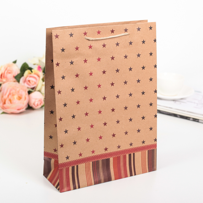 Пакет крафт "Звёзды", 19 х 8 х 24 см