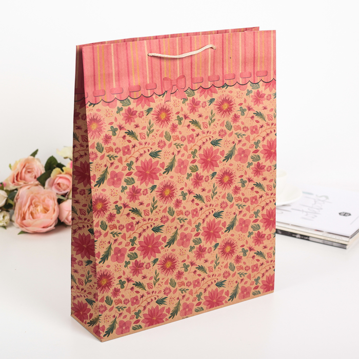 Пакет крафт "Розовые цветы", 31,5 х 9,5 х 41,5 см