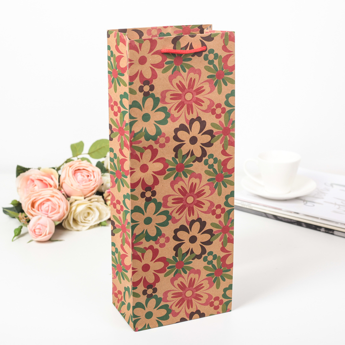 Пакет подарочный под бутылку "Летние цветы", 15 х 9 х 40 см