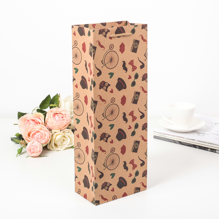 Пакет подарочный под бутылку "Хипстер", 15 х 9 х 40 см