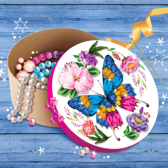 Вышивка лентами по шкатулке "Бабочка"